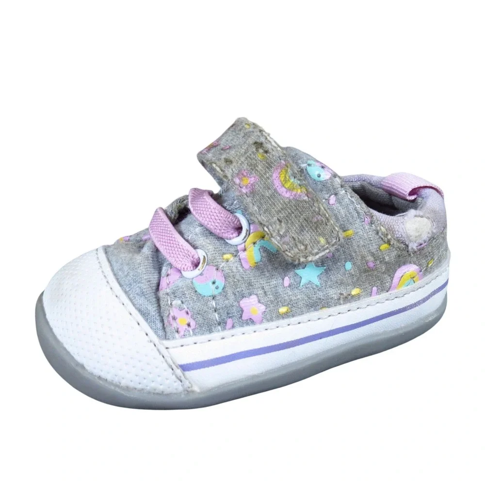 See Kai Run Stevie II Toddler Girl Sneaker Sz 3 First Walker Gray Rainbow Canvas